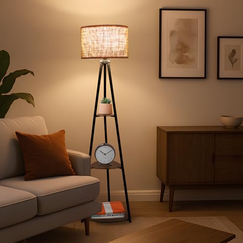 AKWAY Bamboo Tripod Floor Lamp for Living Room Cane Floor Lamp for Home Rattan for Living Room Standing Lamp Wooden Floor Standing lamp for Bedroom (Bulb Not Included) (Tripod Shelf Jute 12"x8") - Image 1
