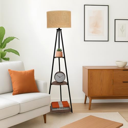 AKWAY Bamboo Tripod Floor Lamp for Living Room Cane Floor Lamp for Home Rattan for Living Room Standing Lamp Wooden Floor Standing lamp for Bedroom (Bulb Not Included) (Tripod Shelf Jute 12"x8") - Image 2