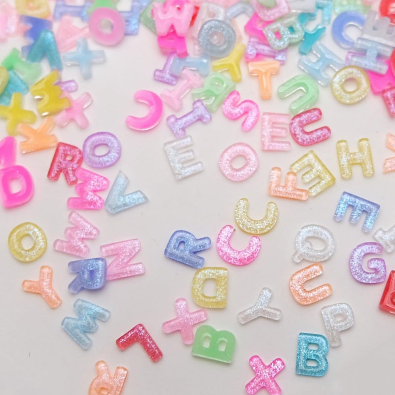 Quezadyl 300Pcs Letter Nail Art Charms Random Candy Color Letter Resin Nail Rhinestones Kawaii Mini Flatback Alphabet Nail Gems with Aurora Glitter Design Nail Art Accessories for DIY Craft Nail Supplies - Image 5