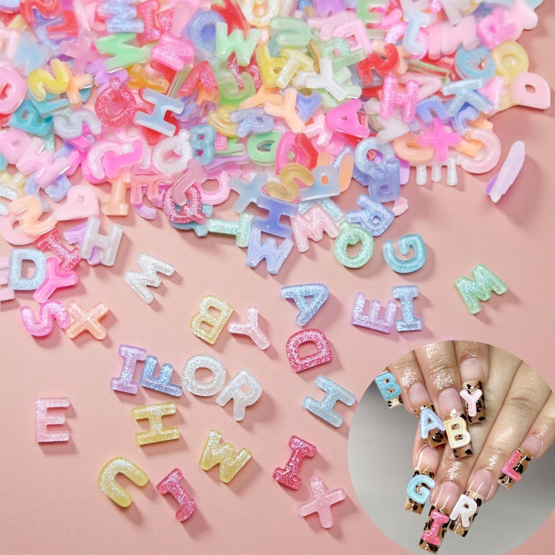 Quezadyl 300Pcs Letter Nail Art Charms Random Candy Color Letter Resin Nail Rhinestones Kawaii Mini Flatback Alphabet Nail Gems with Aurora Glitter Design Nail Art Accessories for DIY Craft Nail Supplies - Image 1