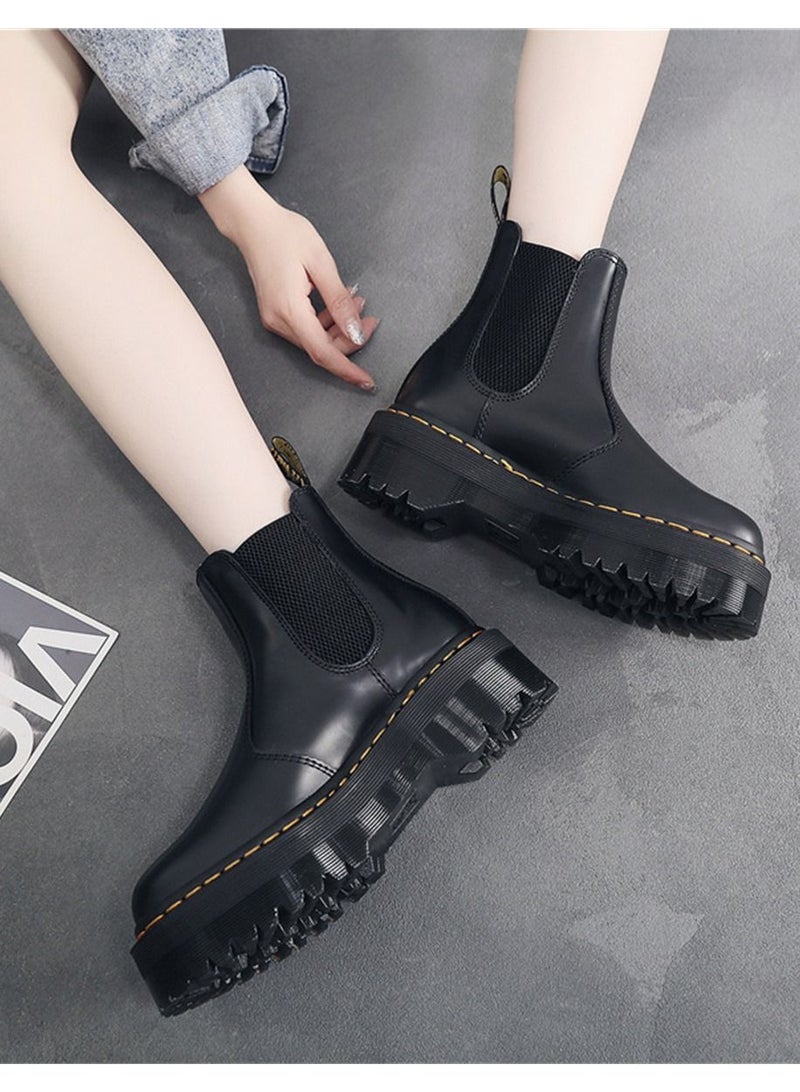 Loquat Chelsea Boots Women's Thick Sole Genuine Leather One Step Martin Boots Black  - Image 3