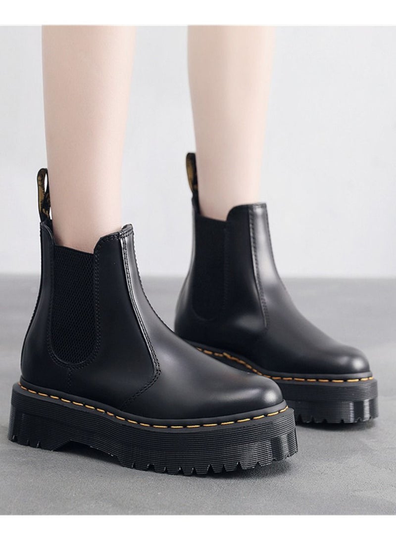 Loquat Chelsea Boots Women's Thick Sole Genuine Leather One Step Martin Boots Black  - Image 1