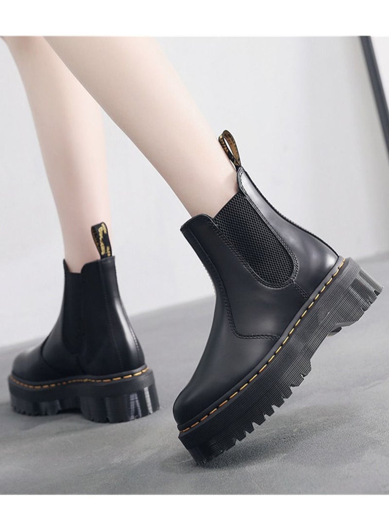 Loquat Chelsea Boots Women's Thick Sole Genuine Leather One Step Martin Boots Black  - Image 2