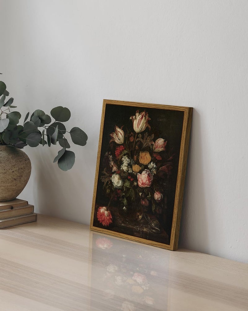 ARPEOTCY Vintage Framed Floral Wall Art Decor, Bathroom Dark Flower Bouquet Retro Wall Decor, Canvas Prints Art, Bedroom Roses and Tulips Paintings Farmhouse Moody Home Decoration, 8x10 Inch - Image 2