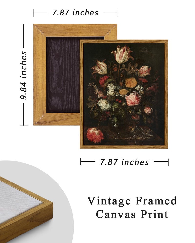 ARPEOTCY Vintage Framed Floral Wall Art Decor, Bathroom Dark Flower Bouquet Retro Wall Decor, Canvas Prints Art, Bedroom Roses and Tulips Paintings Farmhouse Moody Home Decoration, 8x10 Inch - Image 5