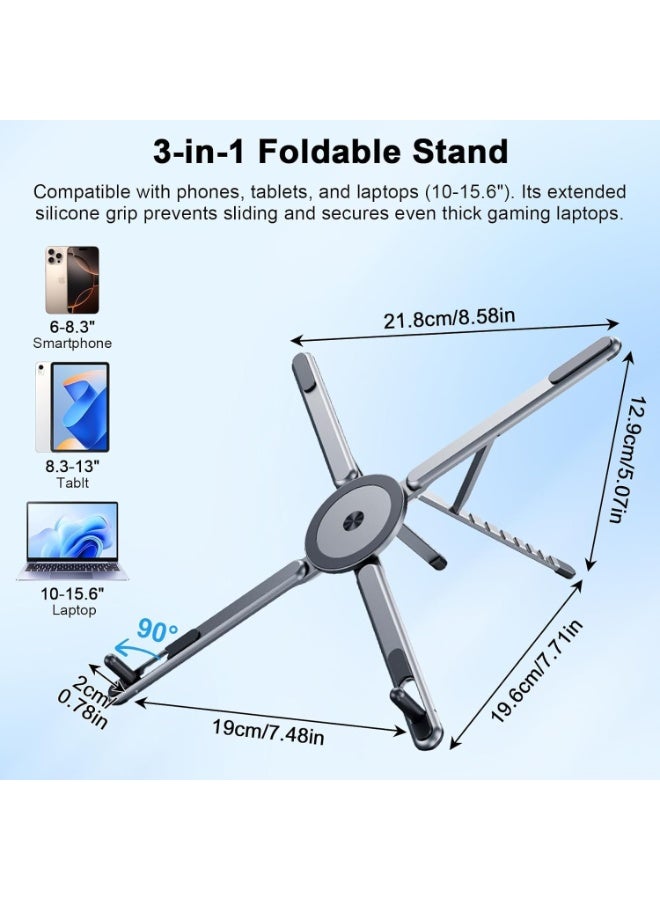 Foldable Laptop Stand For Desk, 8-Angle Adjustable Aluminum Portable Holder With Magnetic Mount, All-In-One Stand For Laptop, Tablet And Phone, Non-Slip Base, Compatible With 10-15.6 Inch Laptops - Image 2