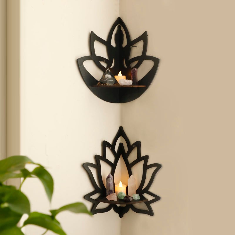 Artilady Crystal Shelf Display - 2 Pcs Lotus Buddha Floating Shelves for Wall Corner Floating Shelves for Crystals and Stone Display Bedroom Home Decor Aesthetic Witchy Gift for Women - Image 1