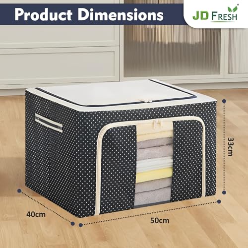 JD FRESH 1 Pcs 66 Liters Foldable Steel Frame Cloth Organizer for Storage/Wardrobe Organizer for Storage/almirah organiser for Sarees/Shirts/Blankets/Closet Storage Box with Handle - (Blue) - Image 3