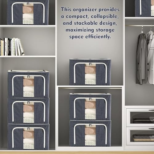 JD FRESH 1 Pcs 66 Liters Foldable Steel Frame Cloth Organizer for Storage/Wardrobe Organizer for Storage/almirah organiser for Sarees/Shirts/Blankets/Closet Storage Box with Handle - (Blue) - Image 2
