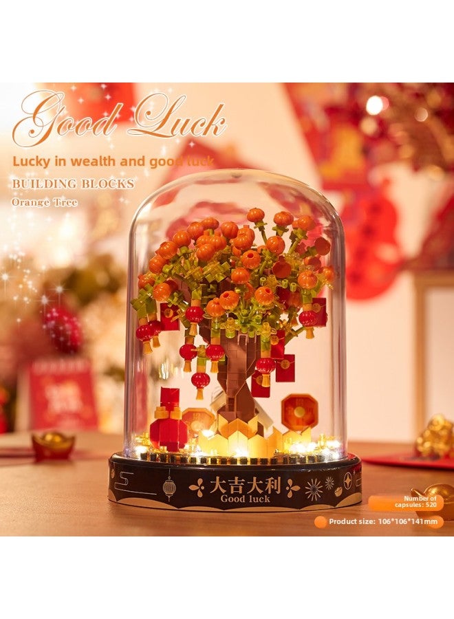 Building Blocks Assembled Flowers Adult Healing Jigsaw Puzzle Tree House Ornaments For Girlfriends Birthday Gifts-Color:Good Luck Orange Tree [with Ambient Light + Dust Cover]  - Image 1
