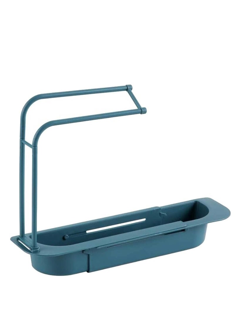 Sink Storage Rack Sink Sponge Holder  Dispenser Expandable Adjustable 2-In-1 Hanger with Towel Bar for Home Kitchen Blue - Image 1
