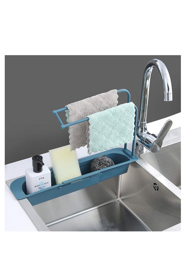 Sink Storage Rack Sink Sponge Holder  Dispenser Expandable Adjustable 2-In-1 Hanger with Towel Bar for Home Kitchen Blue - Image 2