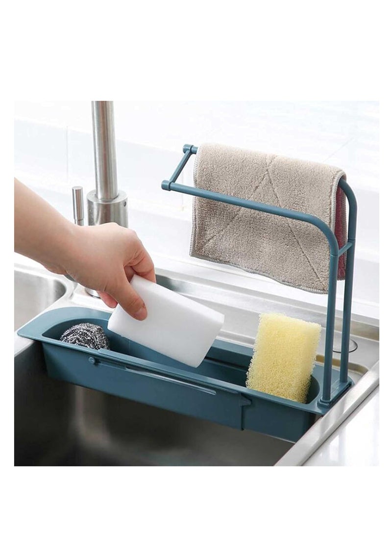 Sink Storage Rack Sink Sponge Holder  Dispenser Expandable Adjustable 2-In-1 Hanger with Towel Bar for Home Kitchen Blue - Image 5