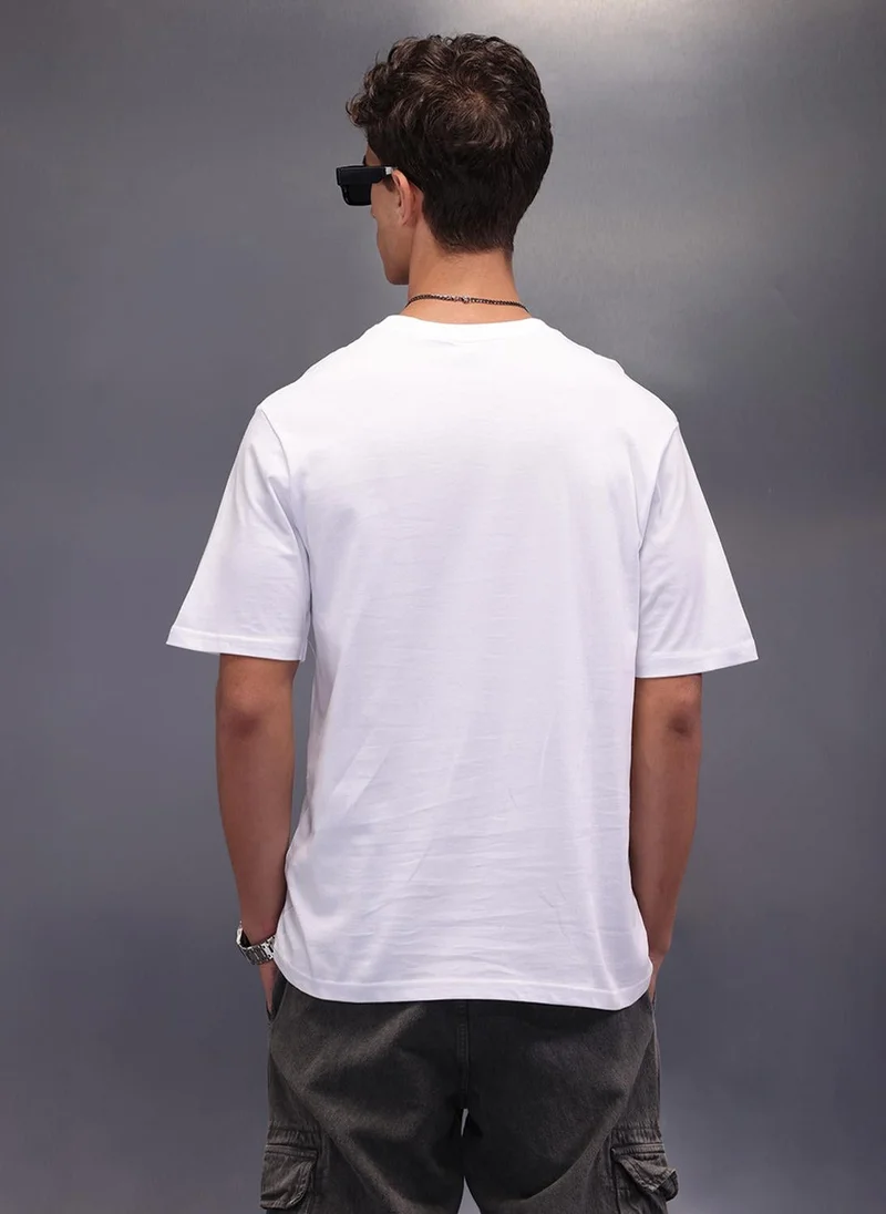 Wrogn  Placement Printed Oversized T-Shirt | White for Men | Best Price UAE