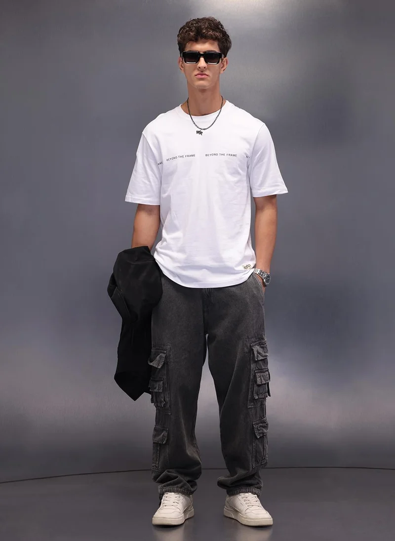 روجن Placement Printed Oversized T-Shirt | White