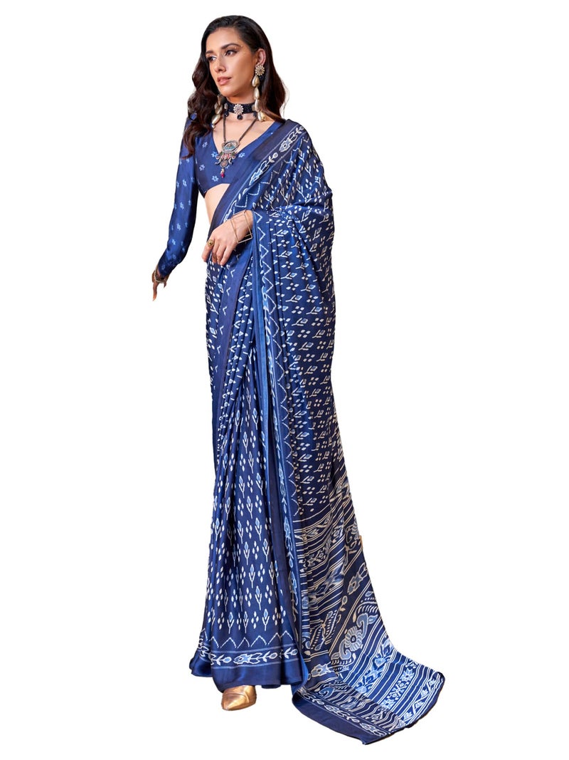 SAREE MALL Women's Dark Blue Crepe Bagru Printed Saree With Unstitched Blouse Piece (KONZAI405004_RJ) - Image 1