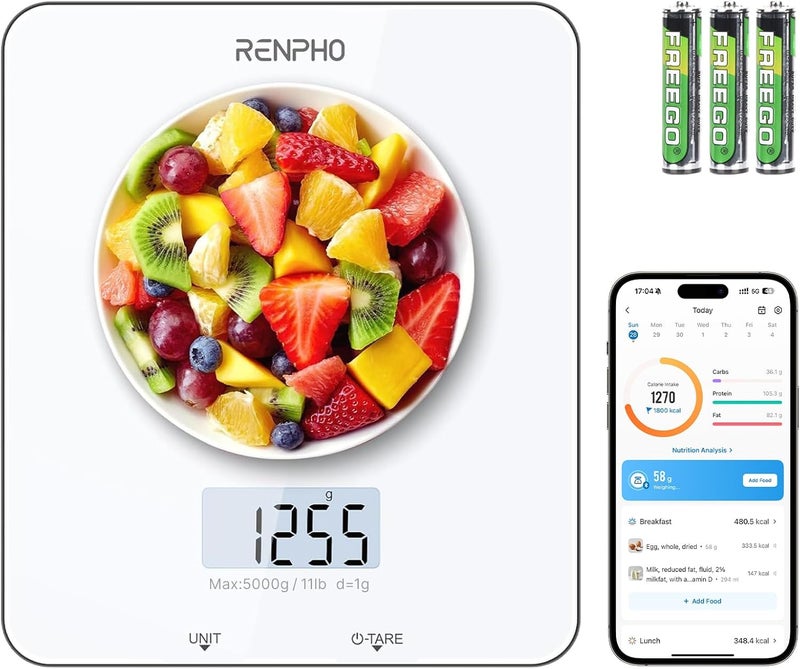RENPHO ميزان طعام مع حاسبة غذائية، ميزان مطبخ رقمي لفقدان الوزن، ميزان وزن طعام ذكي مع تطبيق لطهي الكيتو والسعرات الحرارية، جرام وأوقية، أبيض، 11lb/5kg - Image 1