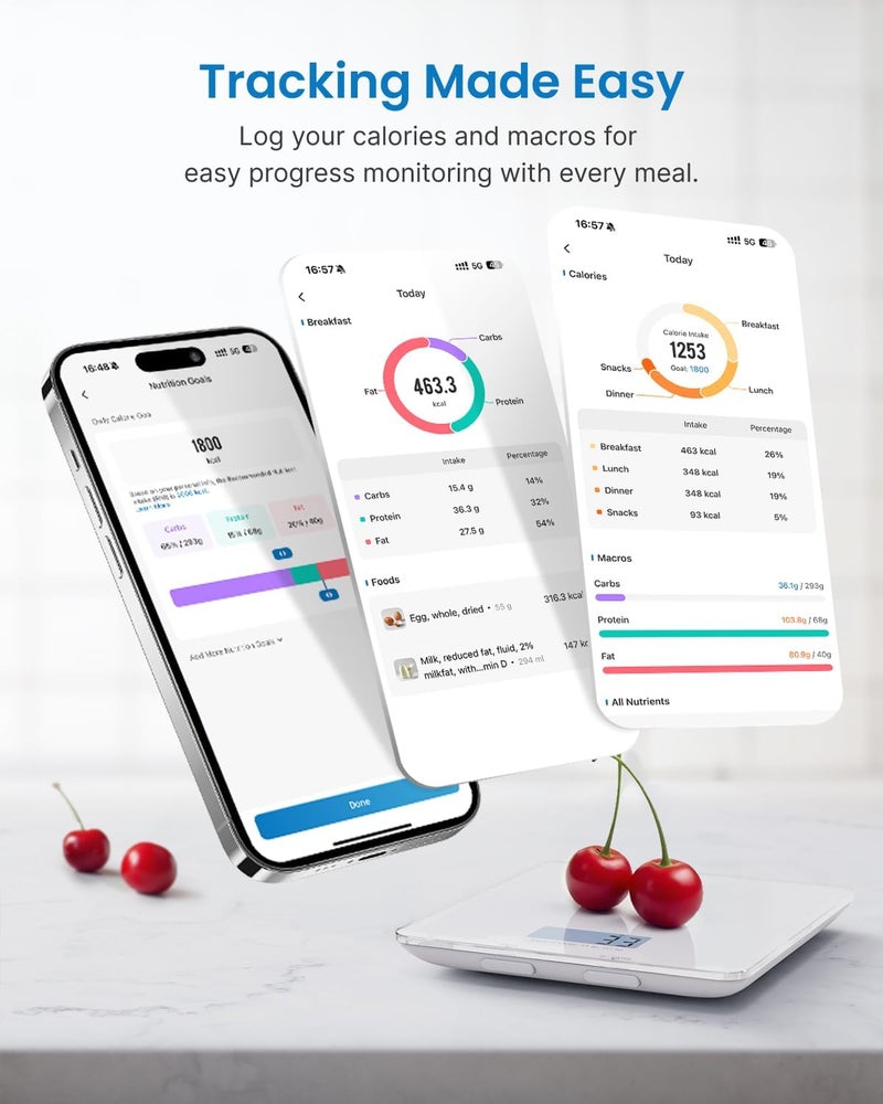 RENPHO ميزان طعام مع حاسبة غذائية، ميزان مطبخ رقمي لفقدان الوزن، ميزان وزن طعام ذكي مع تطبيق لطهي الكيتو والسعرات الحرارية، جرام وأوقية، أبيض، 11lb/5kg - Image 3