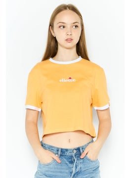 Women Crew Neck Short Sleeve Brand Logo Crop T-Shirt, Light Orange