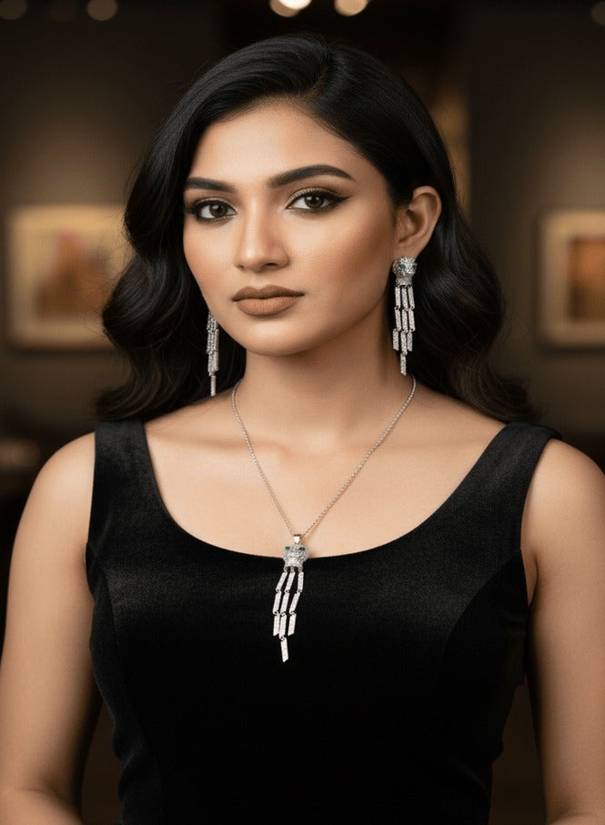 World Luxury Evening & Formal Occasion Jewelry Set: Leopard Head Tassel Necklace & Earrings - Image 1