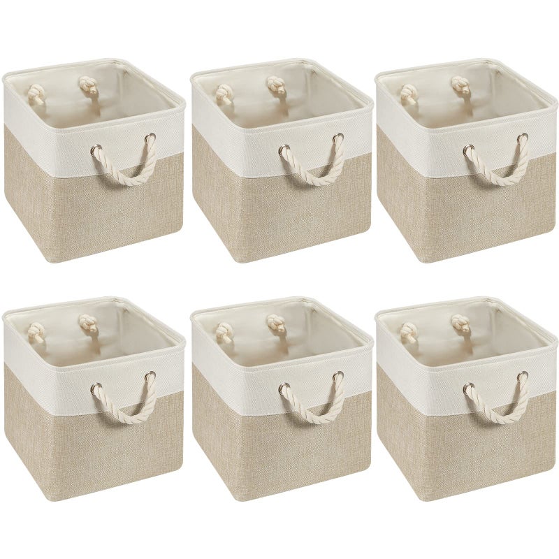 Geiserailie 6 Pcs 11 x 11 Inch Cube Storage Bins Fabric Storage Organizer Bins Foldable Cube Baskets with Sturdy Carry Handles Wicker Baskets for Home WhiteLight Brown