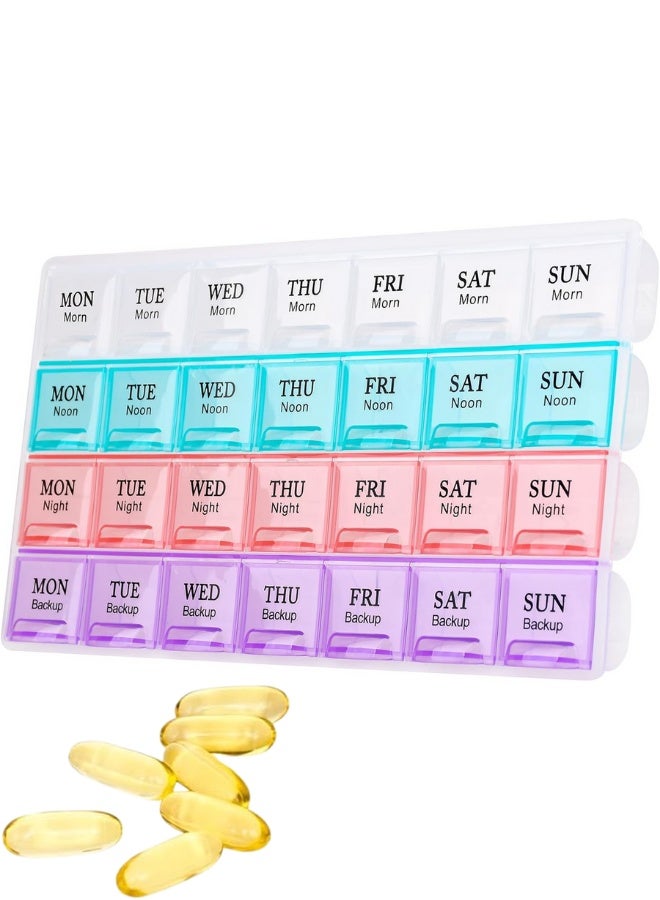 Large Weekly Pill Organizer 4 Times A Day - 28 Compartment, Moisture-Proof, 7 Day Medicine Box and Travel Case | High-Capacity Container for Pills, Vitamins, and Fish Oil Supplements | Easy-Open, BPA-Free, Clear Font Design for Seniors. - Image 1
