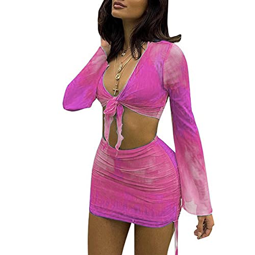 SHESEEWORLD Women's Sexy Long Sleeve 2 Piece Sheer Mesh Cover Up Dress Crop Top Bodycon Ruched Mini Skirt Sets - Image 1