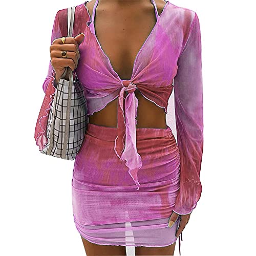 SHESEEWORLD Women's Sexy Long Sleeve 2 Piece Sheer Mesh Cover Up Dress Crop Top Bodycon Ruched Mini Skirt Sets - Image 2