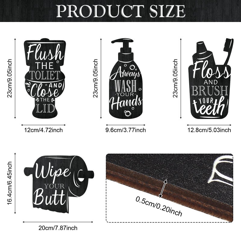 Yookeer 4 PCS Bathroom Wooden Wall Signs Wash Brush Floss Flush Sign Wall Decor Vintage Bathroom Wall Art Home Bathroom Laundry Room Decor  Black - Image 2