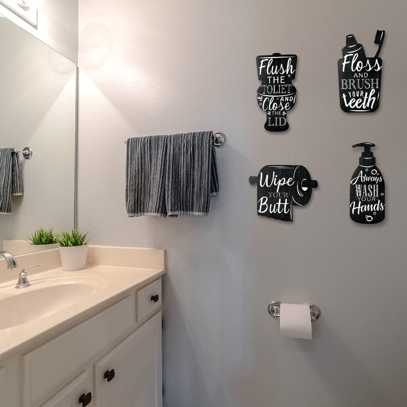 Yookeer 4 PCS Bathroom Wooden Wall Signs Wash Brush Floss Flush Sign Wall Decor Vintage Bathroom Wall Art Home Bathroom Laundry Room Decor  Black - Image 5