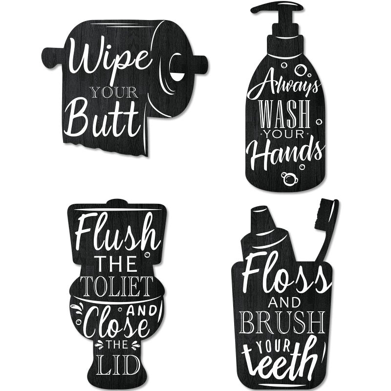 Yookeer 4 PCS Bathroom Wooden Wall Signs Wash Brush Floss Flush Sign Wall Decor Vintage Bathroom Wall Art Home Bathroom Laundry Room Decor  Black - Image 1