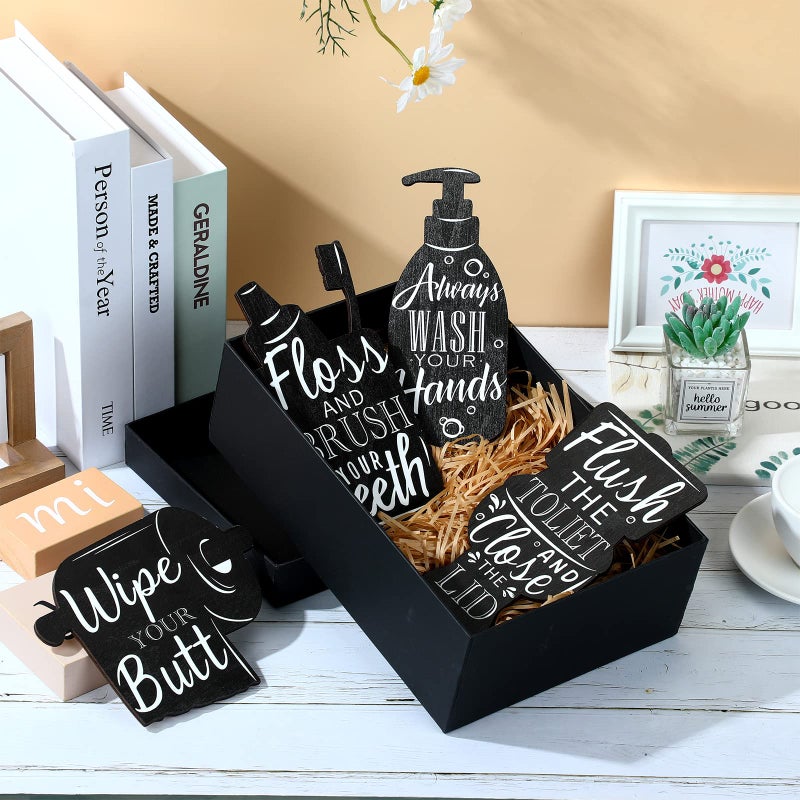 Yookeer 4 PCS Bathroom Wooden Wall Signs Wash Brush Floss Flush Sign Wall Decor Vintage Bathroom Wall Art Home Bathroom Laundry Room Decor  Black - Image 4