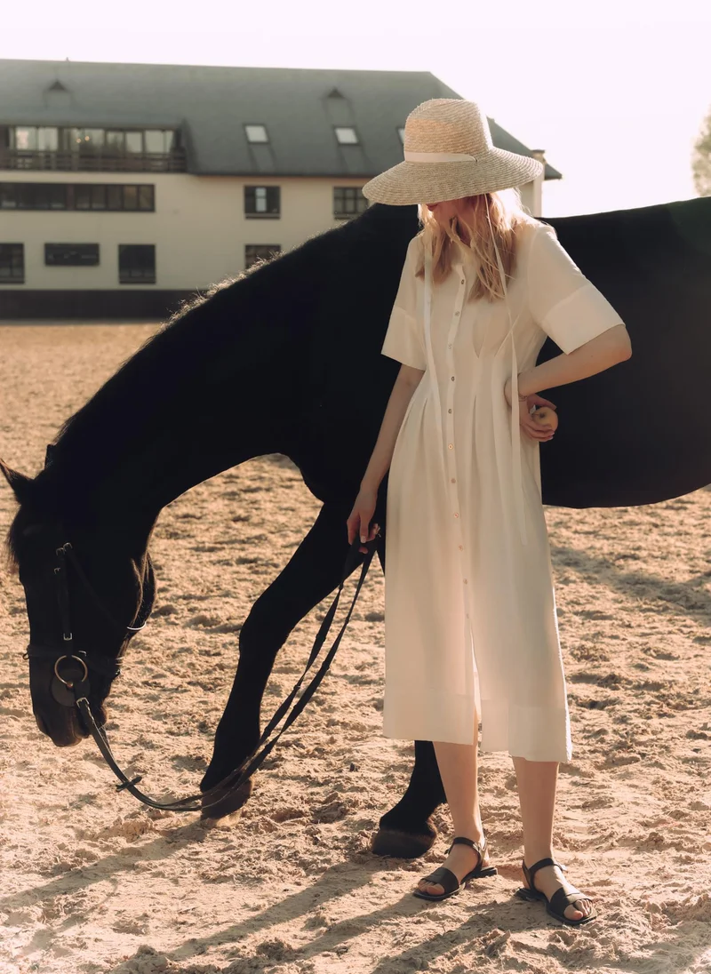 Lichi Midi dress with triangle collar and waist pleats