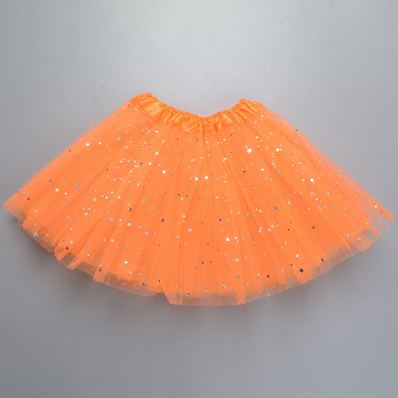 Childrens tutu skirt princess sequins three-layer 6-piece mesh skirt tutu gauze skirt tutu children Orange 