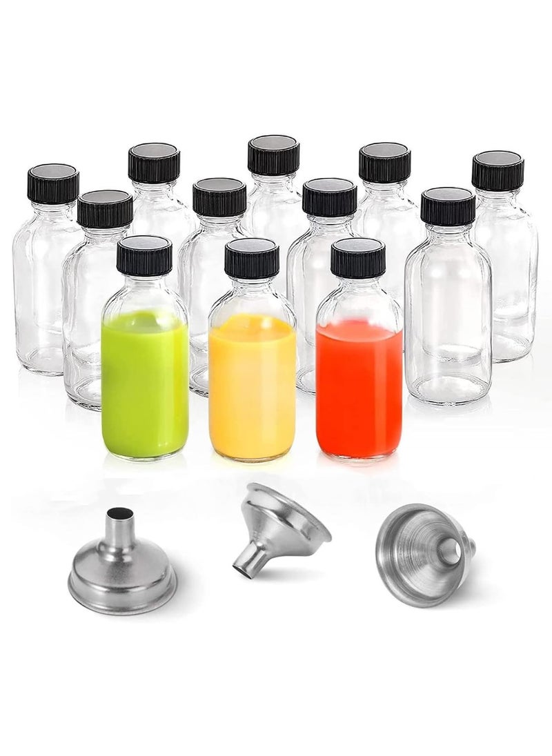 KCDMBUE 2 Oz Transparent Small Glass Bottle with Lid, with 3 Stainless Steel Funnels, Boston Round Sample Bottle, Mini Travel Bottle for Juice, Turmeric, Wedding Favour Bottles(12 PCS, 60 ML)  - Image 1