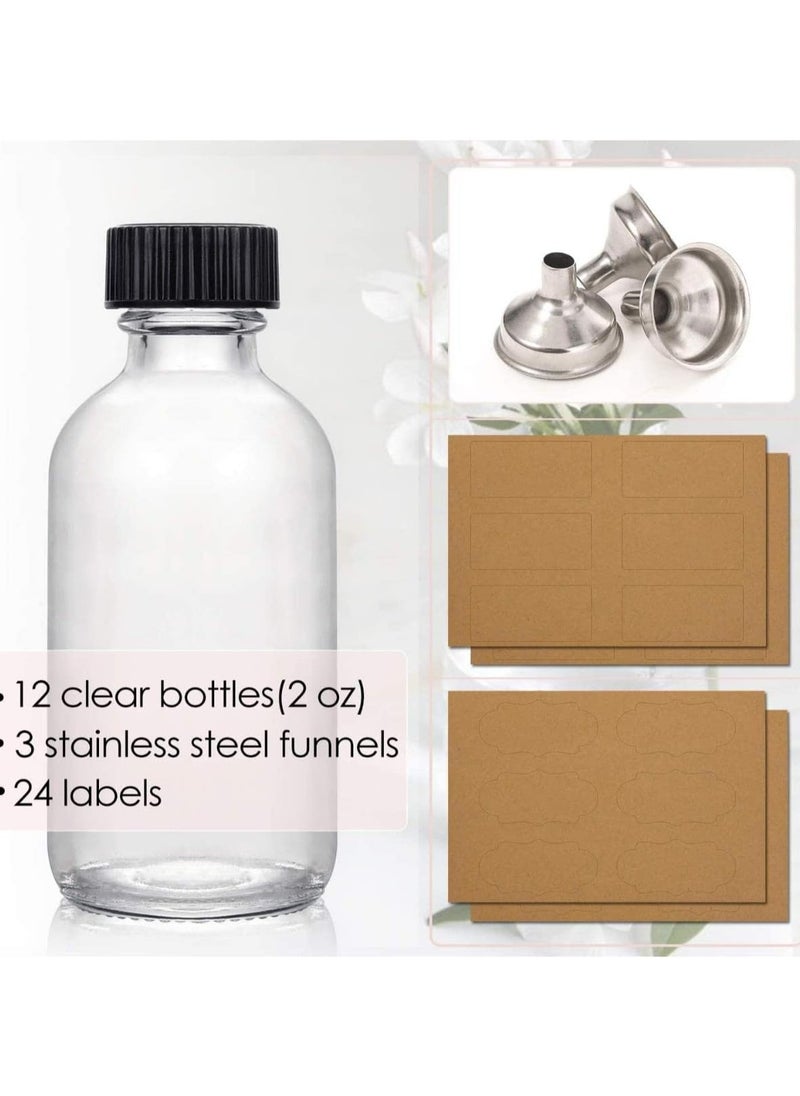 KCDMBUE 2 Oz Transparent Small Glass Bottle with Lid, with 3 Stainless Steel Funnels, Boston Round Sample Bottle, Mini Travel Bottle for Juice, Turmeric, Wedding Favour Bottles(12 PCS, 60 ML)  - Image 2