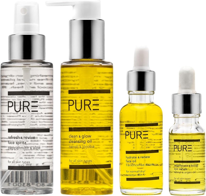 مجموعة العناية بالبشرة الخالية من العيوب من PURE لترطيب وتجديد 4 في 1 مجموعات هدايا PURE زيوت وجه نباتية مرطبة سيروم للعين ورذاذ