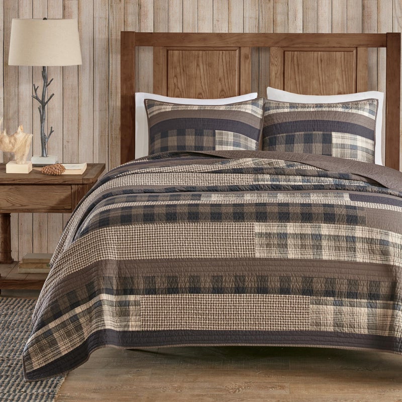 Woolrich John Rich & Bros. Woolrich Reversible Quilt Set - Cottage Styling Reversed to Solid Color, All Season Lightweight Coverlet, Cozy Bedding Layer, Matching Shams, Oversized King/Cal King, Winter Plains Stripes Taupe - Image 1