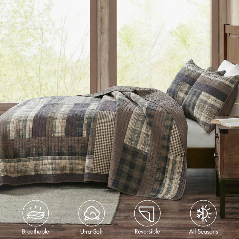 Woolrich John Rich & Bros. Woolrich Reversible Quilt Set - Cottage Styling Reversed to Solid Color, All Season Lightweight Coverlet, Cozy Bedding Layer, Matching Shams, Oversized King/Cal King, Winter Plains Stripes Taupe - Image 4