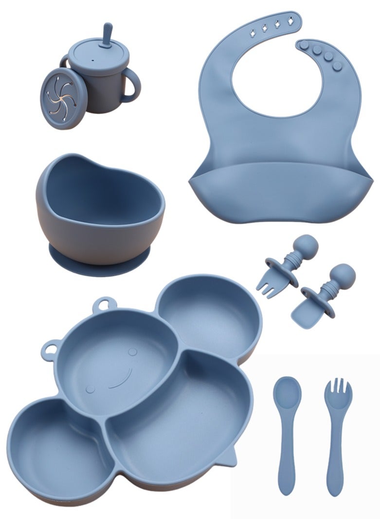 RAKAY Baby Feeding Set, 8-Piece Silicone Cutlery,  Blue. With Bibs, Bowls, Cups, Straws, Lids, Bee Plates, Short-Handled Fork Spoons, Long Fork Spoons 