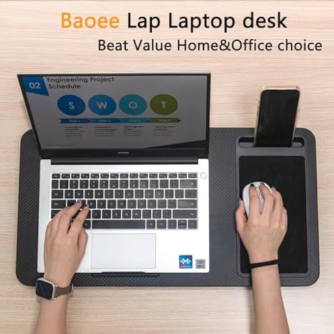Baoee LAP DESK, PORTABLE LAPTOP DESK WITH PILLOW CUSHION FITS UP TO 17" LAPTOPS, WITH TABLET & PHONE SLOT, MOUSE PAD, GREAT FOR HOME & OFFICE (BLACK) - Image 3