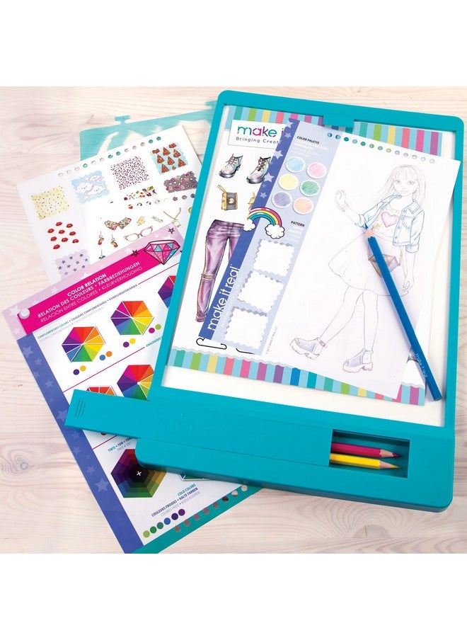 Make It Real - Fashion Design Tracing Light Table 8 Piece Kit Create & Color Stunning Outfits Lights Up For Easy Tracing Draw Sketch & Create Fashion Coloring Book Tweens & Girls Kids Ages 8+ - Image 1