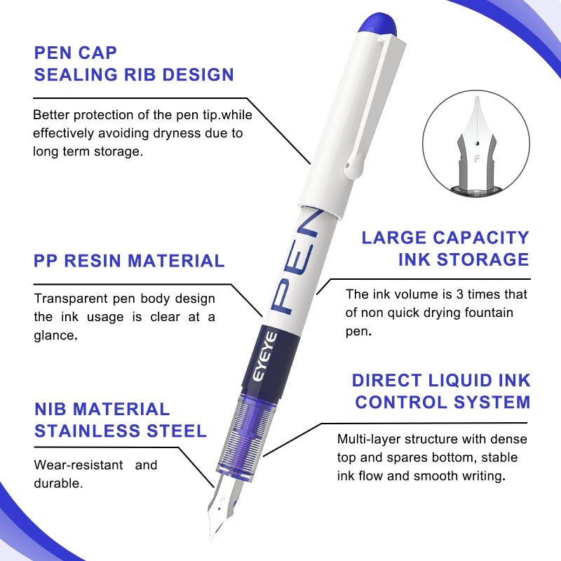 EYEYE Fountain Pens for Writing, 8 Pack Assorted Colors Fine Point Disposable Fountain Pens Stainless Steel Nib, Smooth Writing for Journaling, Drafting, Sketching, Doodling & Gifts - Image 3