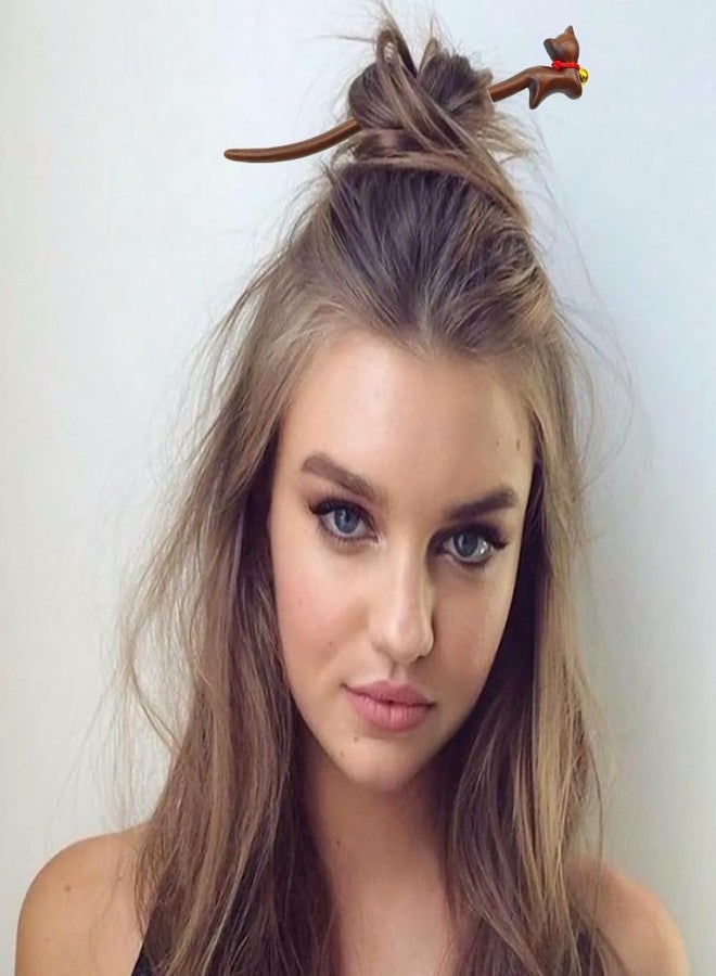 Capiant 2 PACK Wooden Hair Sticks with Cute Kitten Design, Handmade Vintage Hairpin for Updos & Buns, Natural Wood Hair Chopsticks with Bell for Women - Image 3
