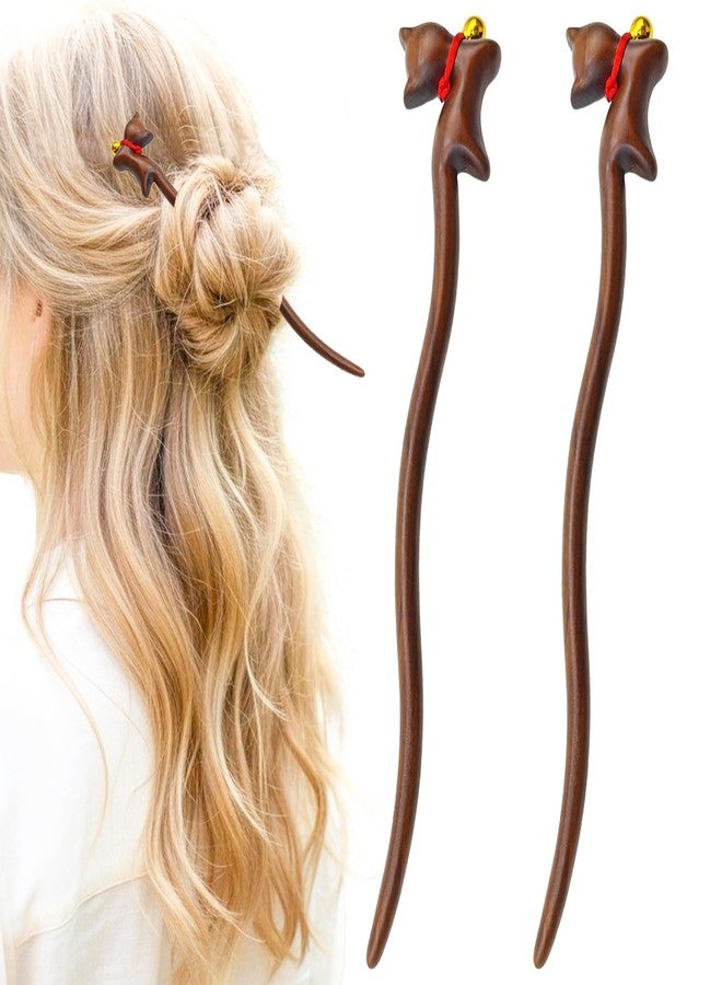 Capiant 2 PACK Wooden Hair Sticks with Cute Kitten Design, Handmade Vintage Hairpin for Updos & Buns, Natural Wood Hair Chopsticks with Bell for Women - Image 1