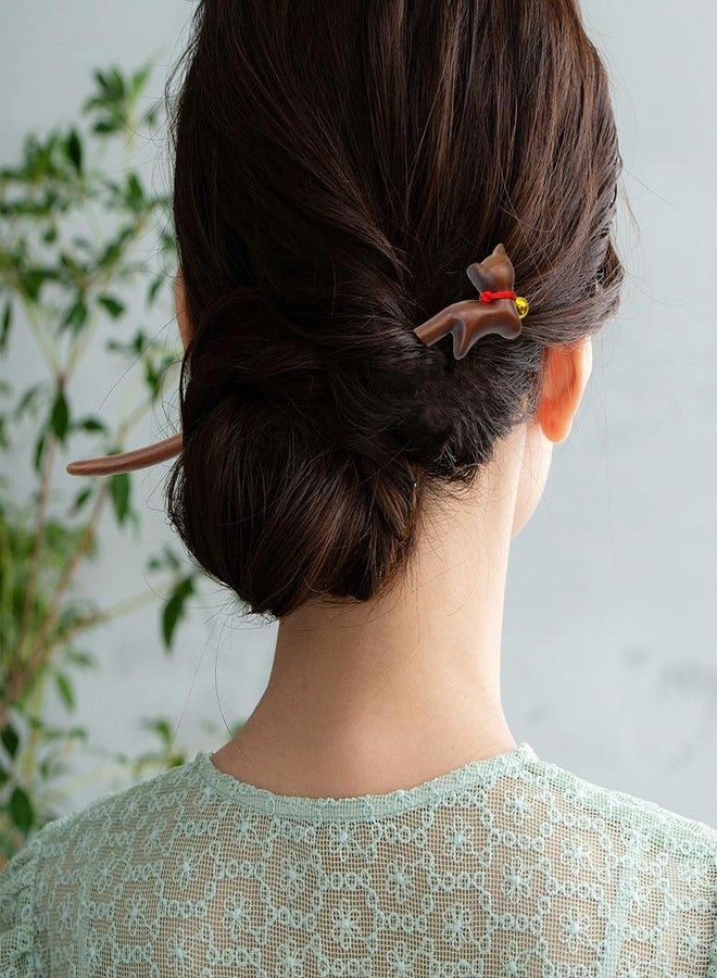 Capiant 2 PACK Wooden Hair Sticks with Cute Kitten Design, Handmade Vintage Hairpin for Updos & Buns, Natural Wood Hair Chopsticks with Bell for Women - Image 4