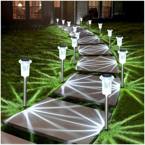 DenicMic Solar Lights Outdoor 10 Pack Waterproof 6000K Cold White LED Stainless Steel Stake for Pathway Yard Garden Driveway Solar Powered Outside Christmas Decor - Image 1