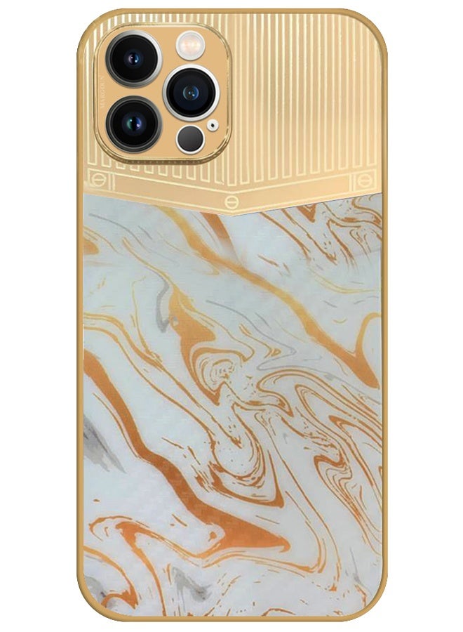 CATANES Luxury Gold Plated Case for iPhone 12 Pro Max - Hybrid Electroplated Frame Back Cover with Carbon Fiber Texture - Marble Pattern White - Image 1