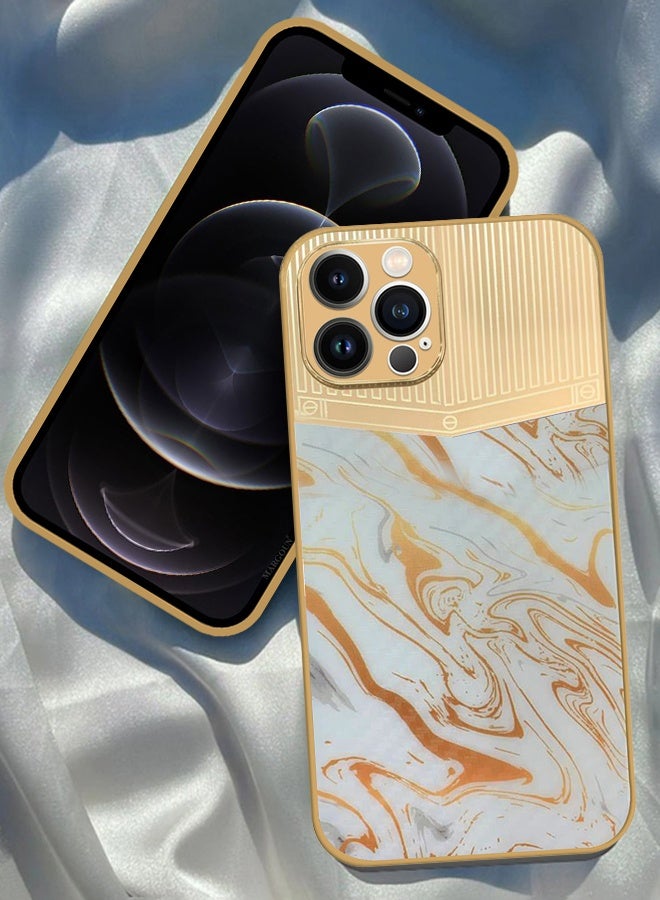 CATANES Luxury Gold Plated Case for iPhone 12 Pro Max - Hybrid Electroplated Frame Back Cover with Carbon Fiber Texture - Marble Pattern White - Image 2