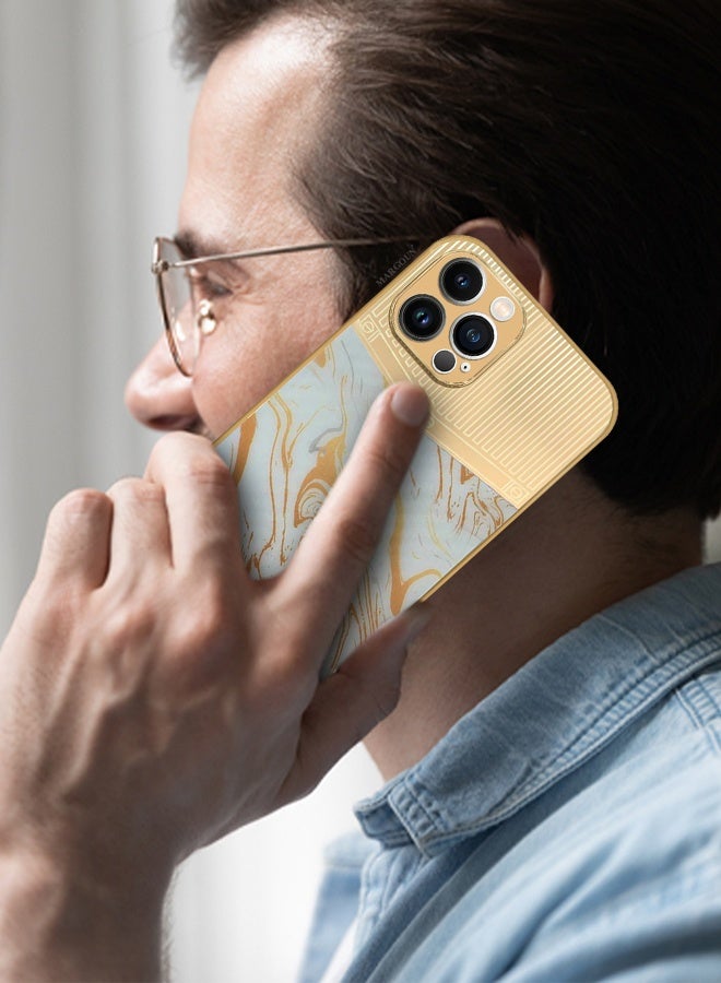 CATANES Luxury Gold Plated Case for iPhone 12 Pro Max - Hybrid Electroplated Frame Back Cover with Carbon Fiber Texture - Marble Pattern White - Image 3